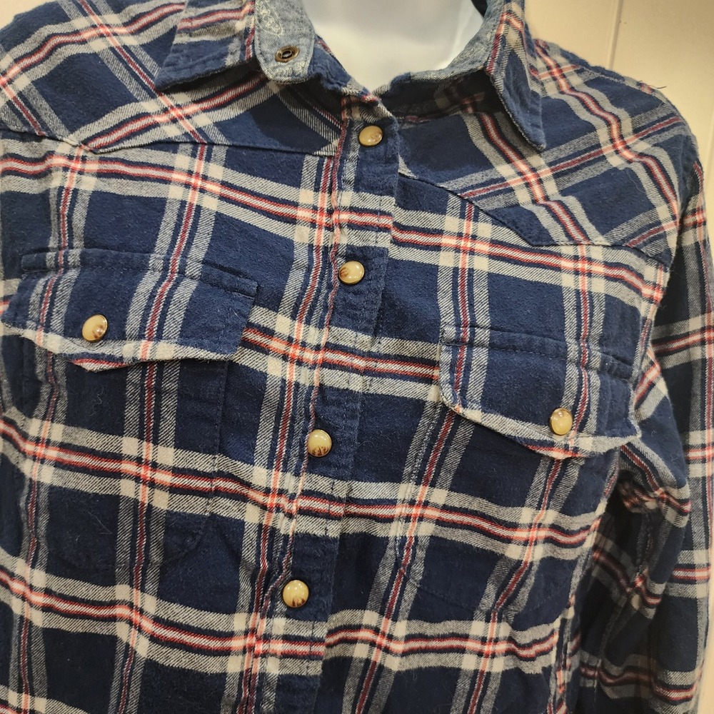 Jachs Girlfriend Womens S Plaid Flannel Shirt Blue Western Snap Button Cotton